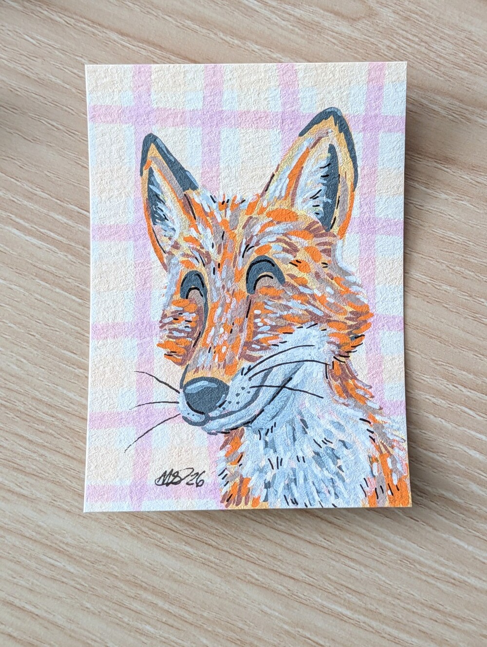 ACEO Original Smiling Red Fox Plaid 2.5×3.5 Mixed Media Art Card By Mattoodles